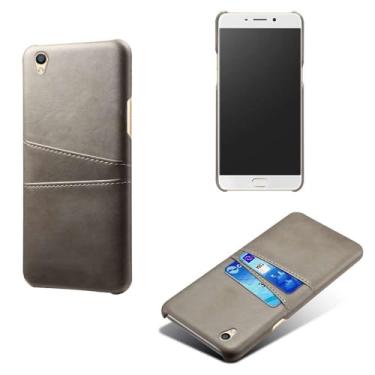 Imagem de Capas Compatível com OPPO R9,Caso de couro PU-Tampa de telefone a prova de choque com 2 slots de cartão,Proteção anti-impressão digital e anti-gota-Grey