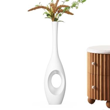 Imagem de Rocendlor Vaso alto branco de 59,9 cm – Corpo oval em forma de donut com pescoço fino de 3 cm, vasos decorativos altos modernos para sala de estar, entrada, decoração de escritório – Vaso de piso de