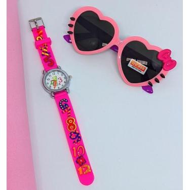 Imagem de Kit Relógio Infantil Menina Analógico Quartzo Silicone 3D Esporte + Óc