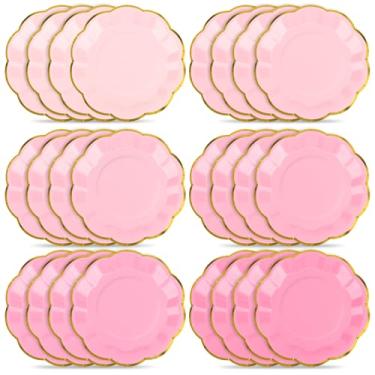 Imagem de 48 peças de pratos de festa recortados rosa - pratos de papel de sobremesa rosa gradiente de 17 cm com folha dourada prato de bolo descartável prato de jantar decorativo para chá de bebê, casamento