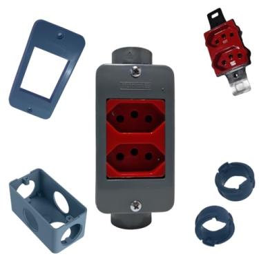 Imagem de KIT Interruptor C/Tomada Branco Simples 10A + Condulete Sobrepor 1pol PVC Antichamas Reforçado (Cinza)