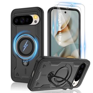 Imagem de Gritup Capa para Google Pixel 10 Pro XL: compatível com MagSafe | com protetor de tela HD × 2 | Suporte giratório de metal | Proteção à prova de quedas de grau militar | Antiimpressão digital, preta