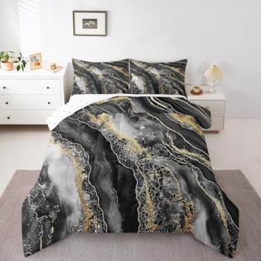Imagem de Erosebridal Conjunto de edredom de mármore preto tamanho king para crianças, adolescentes e adultos, conjunto de cama com arte gradiente, edredom preto dourado tie dye para todas as estações