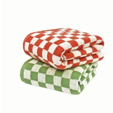 Imagem de SanCHHNANG Lençol de banho xadrez (pacote com 2), toalha de banho grande, 70 x 139 cm, secagem rápida, 100% algodão luxuoso, super macio e absorvente (xadrez verde-vermelho, grande)