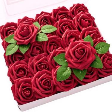 Imagem de SHUERIET Flores artificiais, 25 peças de rosas falsas de espuma vermelha de aparência real com hastes para buquês de casamento DIY, centro de mesa, chá de panela, decoração de arranjo de flores em