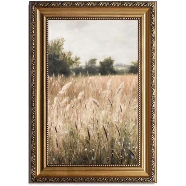 Imagem de ASTRDECOR Arte de parede vintage de flores silvestres, impressão de arte emoldurada em ouro, decoração de parede de casa de fazenda, paisagem de campo de flores silvestres, pintura a óleo de paisagem