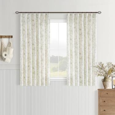 Imagem de Cortinas de janela plissadas de linho floral verde sálvia 137 cm de comprimento com pregas de filtro de luz, cortina semitransparente para quarto, sala de estar, cozinha