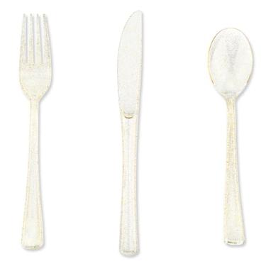 Imagem de hapray Conjunto de talheres de plástico dourado com 180 peças, talheres de ouro descartáveis, conjunto de talheres, 60 garfos dourados, 60 colheres douradas, 60 facas douradas, utensílios de festa extravagantes