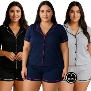 Imagem de Kit 3 Pijama Americano Plus Size Blusa e Short Baby Doll - c11 KIT 3 B