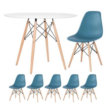 Imagem de Mesa Redonda Eames 100cm Branco + 5 Cadeiras Turquesa