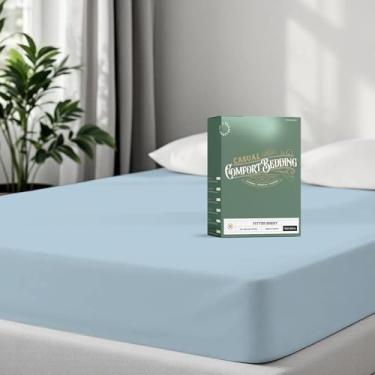 Imagem de TEXAS LINEN CO. Lençol solteiro, 100% algodão orgânico, tecido percal, azul claro, 1 lençol de elástico solteiro, cabe em colchões de até 40,6 cm, roupa de cama de luxo com certificação GOTS