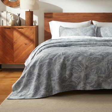 Imagem de SLEEP ZONE Conjunto de colcha floral king size jacquard ultramacia e leve, conjunto de 3 colchas para todas as estações, 269 x 244 cm, folha cinza