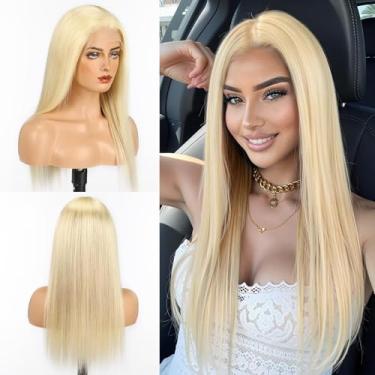 Imagem de PYH Perucas de cabelo humano liso pré-arrancadas de cabelo humano de 55 cm loiro 33 x 10 cm para mulheres com cabelo de bebê 180% densidade 55 cm