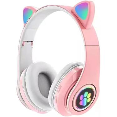 Imagem de Fone De Ouvido Com Orelha de Gatinho Infantil Headphone Bluetooth com Luzes RGB nas orelhinhas e patinhas para crianças tamanho ajustável dobrável (Rosa/Branco)