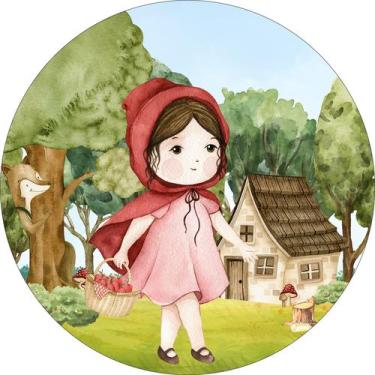 Imagem de Painel de Lona Redondo Chapeuzinho Vermelho e Lobo Casinha Aquarela - 