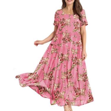 Imagem de Vestido YESNO casual, solto, boêmio, floral, maxi com bolsos