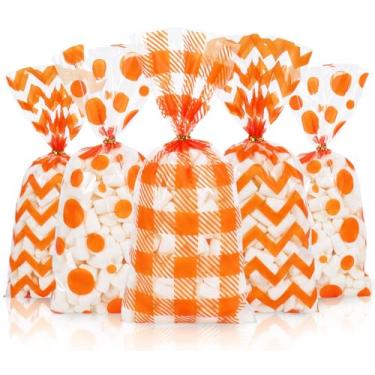 Imagem de JarThenaAMCS 100 unidades de sacos de celofane de outono com laços torcidos laranja xadrez, onda, saco de guloseimas de plástico para doces de outono, aniversário, chá de bebê, lembrancinhas