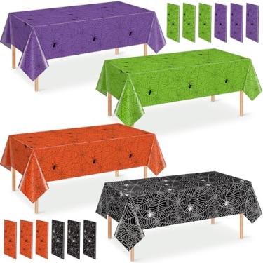 Imagem de Denwiller 12 peças de toalhas de mesa de teia de aranha de Halloween, decorações de festa, toalhas de mesa multicoloridas descartáveis de teia de aranha assustadora, capa de mesa para aniversário de