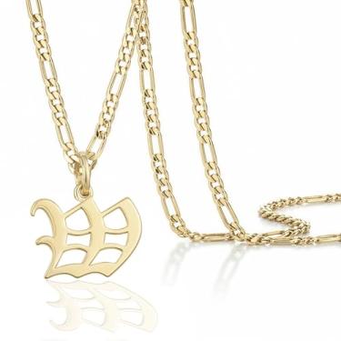 Imagem de Colar masculino com pingente de inicial banhado a ouro 14k Beleco – Colar com letra A-Z com corrente fígaro, joia com pingente de alfabeto de ouro personalizado em inglês antigo, Medium, Banhado a