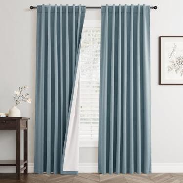 Imagem de Cortinas blecaute de linho azul 203 cm de comprimento conjunto de 2 painéis para sala de estar quarto redução de ruído térmico 100% cortinas de linho preto escurecimento do quarto cortinas de janela