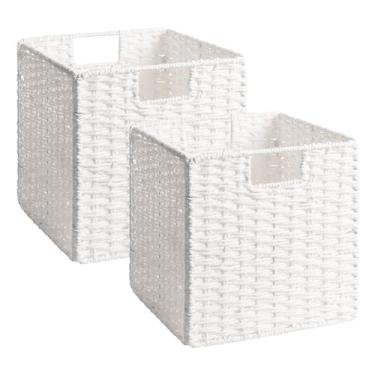 Imagem de StorageWorks Cubos de armazenamento de vime de 28 cm, cesto de armazenamento de cubo tecido à mão, cesta de cubos quadrados, cesta de corda de papel dobrável para organização, branco, pacote com 2