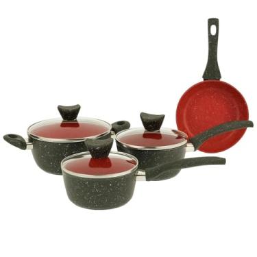 Imagem de Conjunto de Panelas Antiaderente com Tampa de Vidro 04 Peças, Preto e Vermelho, Alumínio de Qualidade, Revestimento Antiaderente, Cabos Ergonômicos e Compatível com Todos os Tipos de Fogão