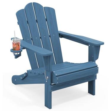 Imagem de KINGYES Cadeira dobrável Adirondack, cadeiras de pátio HDPE para todos os climas com suporte para copos, cadeiras de madeira texturizadas para fogueira para piscina, quintal, deck, azul marinho