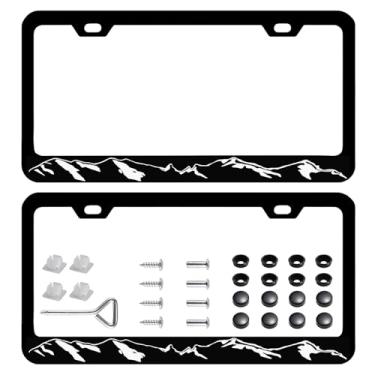 Imagem de Pacote com 2 molduras para matrícula de montanhas, aventura, ao ar livre, acampamento, caminhadas, montanhas, placa de licença de aço inoxidável com tampa de parafuso e conjunto de chave de fenda - 2 furos