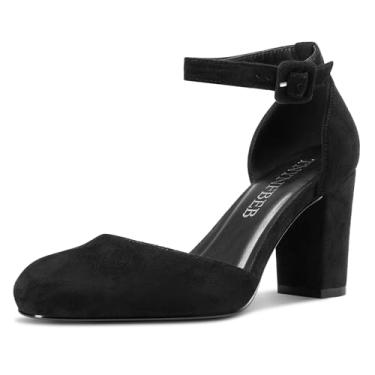 Imagem de TNYNFBEB Sapato feminino de salto médio, salto médio, bico redondo, tira no tornozelo, fivela, vestido de festa de formatura, básico, clássico, salto de 8 cm, Preto, 42