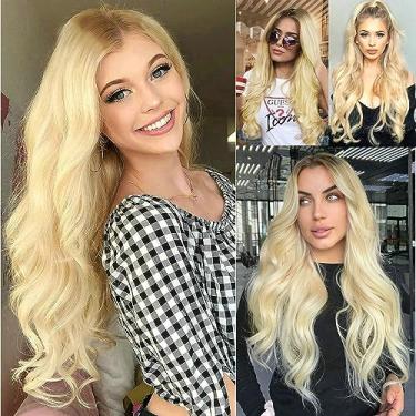 Imagem de Peruca feminina de 61 cm de raiz marrom natural loiro loiro sintético frontal para mulheres, perucas loiras sintéticas de fibra longa natural resistente ao calor, uso diário, cosplay Drag Queen