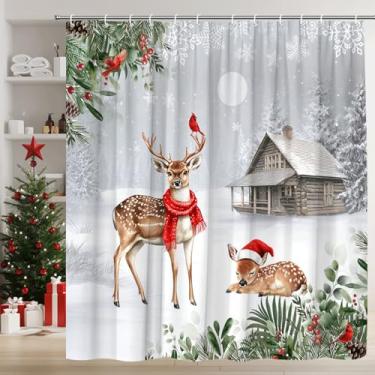 Imagem de AMFD Cortina de chuveiro de veado de Natal, inverno, floresta, floco de neve, lua, Natal, pinheiro, pássaro, vermelho, férias, conjunto de tecido decorativo inclui ganchos, (177,8 cm WX70 H)