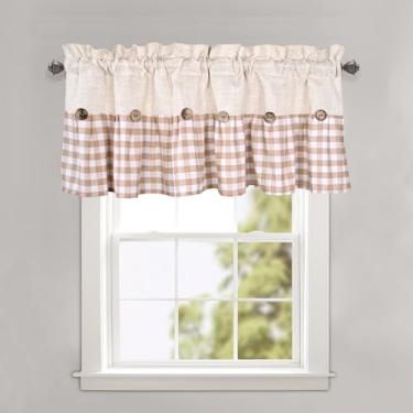 Imagem de DOSLY IDÉES Farmhouse – Saia rústica de linho e algodão xadrez acastanhado, design plissado de búfalo com botões de coco, tratamento de janela para vários cômodos para cozinha, sala de estar, quarto