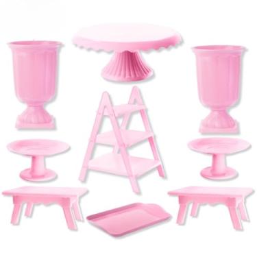 Imagem de Kit DecoraçãO De Festa Com Escadinha - Boleira Renda , Mini Cake, Vasos Gregos, Mesinhas, Bandeja | ComposiçãO Elegante(Rosa BB)