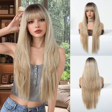 Imagem de Peruca sintética Cemuto Ombre Blonde com franja 70cm para mulheres