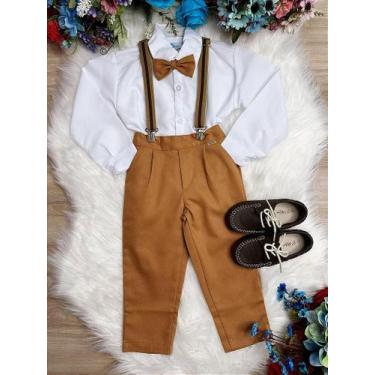 Imagem de Conjunto Social Infantil Camisa Branca e Calça com Suspensório Caramel