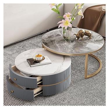 Imagem de Mesa de centro de design simples, mesa de centro redonda de 68 cm, conjunto de 2 mesas modernas com mesa de mármore falso e moldura de metal resistente, com gavetas de armazenamento, mesa de chá