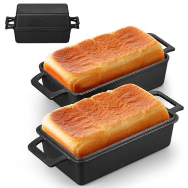Imagem de Leonyo Forma de pão de ferro fundido de 23 x 12,7 cm com tampa, assadeira 2 em 1, forno holandês de pão pré-temperado para pão caseiro, bolo de libra, lasanha, até 260 °C e preto