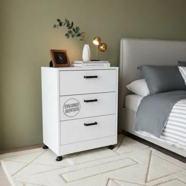 Imagem de Mesa De Cabeceira Branca 50cm com 3 Gavetas Para Quarto Lateral de Cama e Escritório Gaveteiro Organizador Já Montado (Com Rodinhas, Puxador Arquivo)