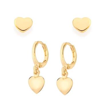 Imagem de Kit Rommanel Banhado Ouro 18k 2 Brincos Argola E Coração 527146-522928