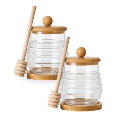 Imagem de Kit 2 Meleira Vidro Transparente Bambu Tampa Pegador 270ml - Cosy