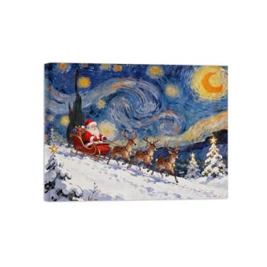Imagem de Pinturas em tela Natal-Quadros decoração parede-Trenó cervos noite estrelada-Paisagens inverno para sala de estar 60x80cm Tela Embrulhada