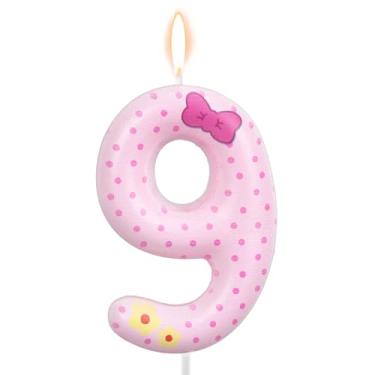 Imagem de Velas de Aniversário com Laço Rosa, Velas Rosa e Brancas de Bolinhas Gato Desenho Animado Decoração Bolo Topo Vela para Meninas Mulheres Casamento Aniversário Festa (Número 9)