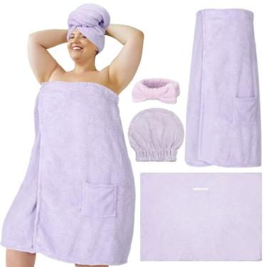 Imagem de Tigeen Conjunto de roupão de spa feminino plus size com turbante de secagem de cabelo para chuveiro, touca de turbante, faixa de cabeça ajustável, roupão de banho, Malva, XX-Large-4X-Large