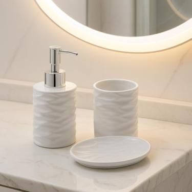 Imagem de Kit Banheiro Acessórios Pia 3 Peças em Cerâmica - Porta Sabonete Líquido e Organizador Elegante para Lavabo (LONDRES DOURADO)