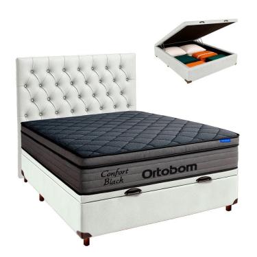 Imagem de Baú Branco + Cabeceira + Colchão Casal Confort Black Ortobom