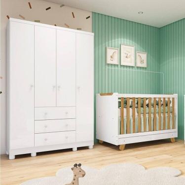 Imagem de Quarto de Bebê com Guarda-roupa 4 Portas e Berço 4 em 1 Minicama 100% Mdf Mike Espresso Móveis Branco Brilho/Amêndoa