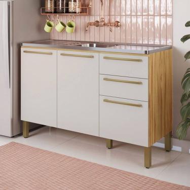 Imagem de Balcão de Cozinha para Pia 120 Cm Napoli 3 Portas 2 Gavetas 100% Mdf Amêndoa/Off White - Rio Doce