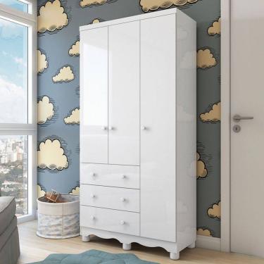 Imagem de Guarda-Roupa de Bebê Júnior New 3 Portas 3 Gavetas 100% Mdf Branco Brilho - Móveis Peroba