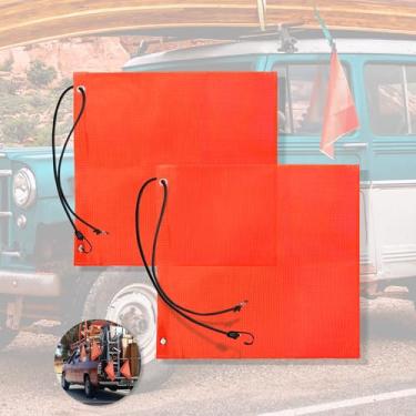 Imagem de Pacote com 2 bandeiras de segurança laranja de 45 x 45 cm para caminhão, trailer, carro e veículo de carga grande - ilhós e cordas elásticas - nylon revestido de vinil, estrutura de malha e cor
