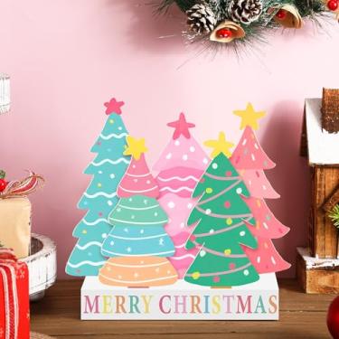 Imagem de Pinkunn Mesa de centro de mesa de Natal de madeira decoração de mesa de árvores de Natal decoração rústica decoração de casa de fazenda decoração de mesa de natal para mesa de prateleira de casa